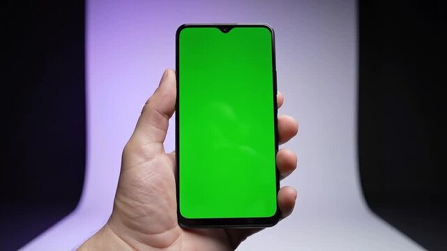 Iphone Mockup, Hand holding a green-screen smartphone in a dim purple-lit minimalist room, captured from a low-angle perspective