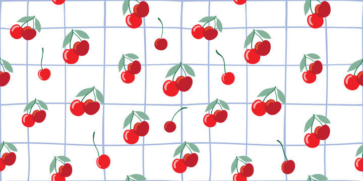 Cherry seamless pattern, spring and summer modern background, fresh fruits wallpaper