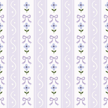 Floral seamless striped pattern, spring and summer shabby chic wallpaper with small flowers and bows