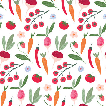 Countryside seamless pattern with vegetables, rustic wallpaper,  farm fresh food background