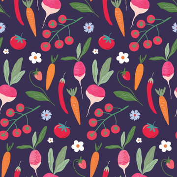 Countryside seamless pattern with vegetables, rustic wallpaper,  farm fresh food background