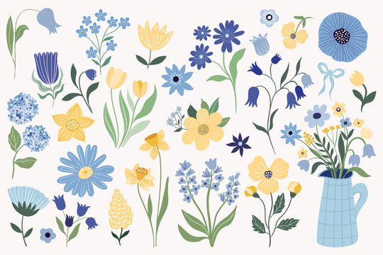Floral collection for spring and summer, blue and yellow different flowers and plants