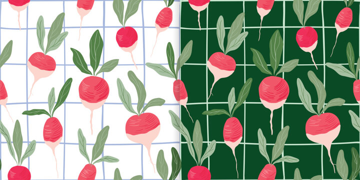 Radishes seamless patterns set, vegetables wallpapers, spring summer backgrounds design