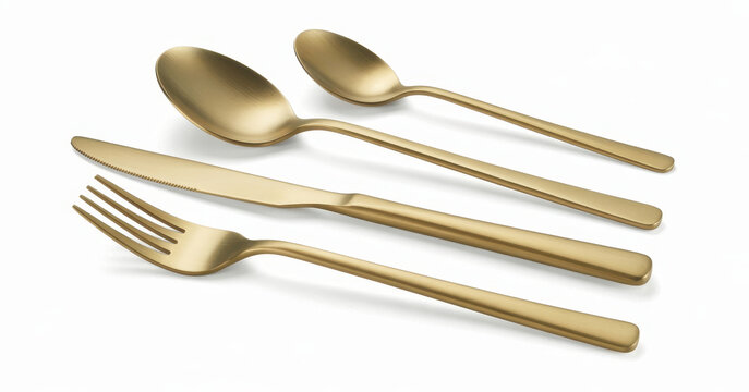 Gold metal cutlery set with fork, knife, and spoons
