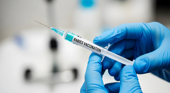 Hand in blue glove holding syringe with rabies vaccination liquid image