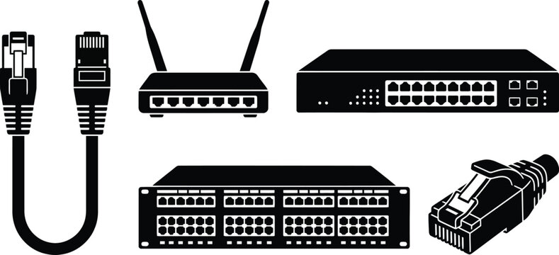 Collection of black networking hardware icons, specifically featuring network switches, a Wi-Fi router, and Ethernet cables