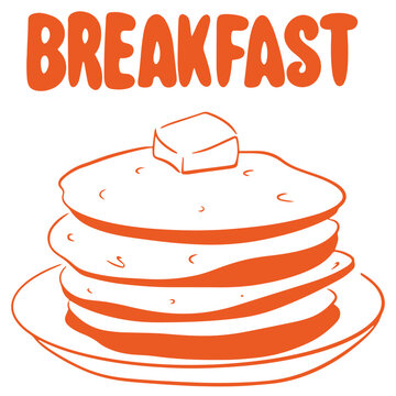 Breakfast hand drawn doodle with pancakes stack butter and plate morning meal illustration
