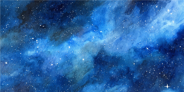 An abstract, impressionistic representation of the night sky, rendered in shades of blue with a scattering of luminous stars and nebulous clouds.