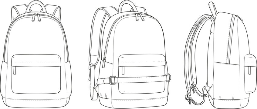 Backpack technical flat sketch vector illustration showing front side and perspective views for product design, rucksack template for school travel and accessory tech packs.