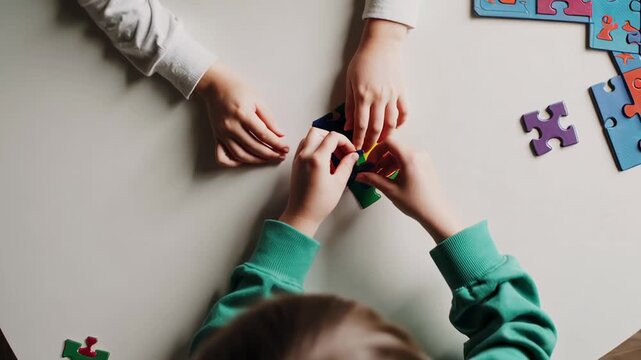 School friends working together on colorful puzzle at white classroom table, developing cognitive skills through collaborative learning activity