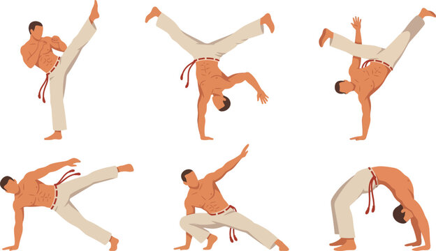 Capoeira Martial Arts Action Poses Set, Brazilian Dance Fighting Vector Illustration
