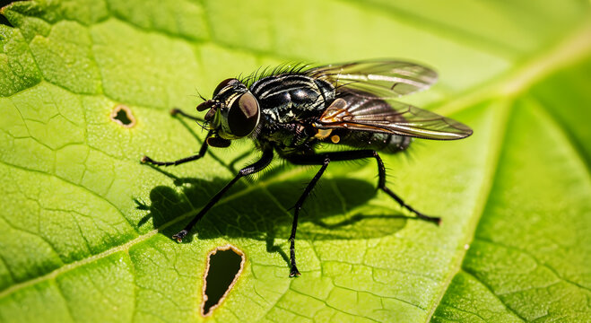 Macro extreme close up of a black fly with striped body on a vibrant green leaf insect