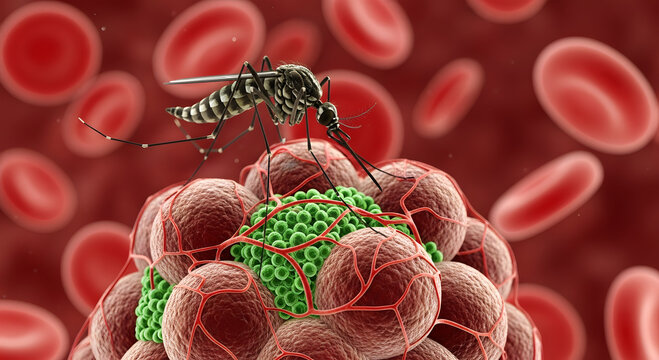 Mosquito on blood cells with green parasites microscopic view image