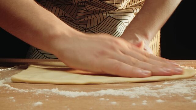 Hands of caucasian man pressing dough into round on floured table. Fast rhythmic motion with rustic apron and warm kitchen light. Shaping thin puff pastry for pizza baking in oven by artisan