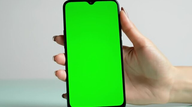 Iphone Mockup, Hand holding smartphone with green screen, fairskin grip, painted nails, gradient, border, product showcase &ndash; Perfect for App Presentation