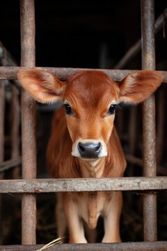 Brown calf closeup behind metal bars in barn stall looking directly at camera