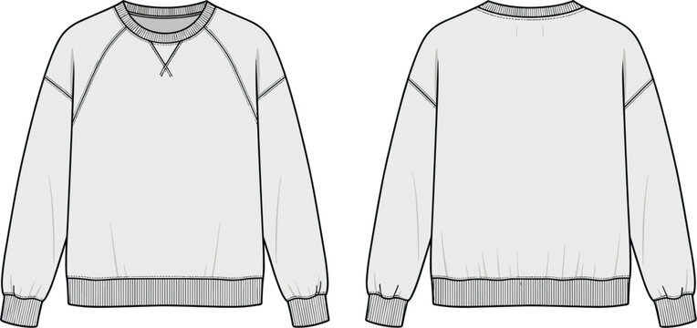 Raglan sleeve sweatshirt technical fashion flat sketch vector illustration showing front and back views for streetwear design, fleece pullover template for apparel tech packs.