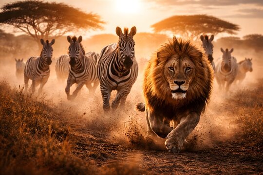 L&ouml;we jagt mit Zebraherde in afrikanischer Savanne kraftvolle Wildtier Szene