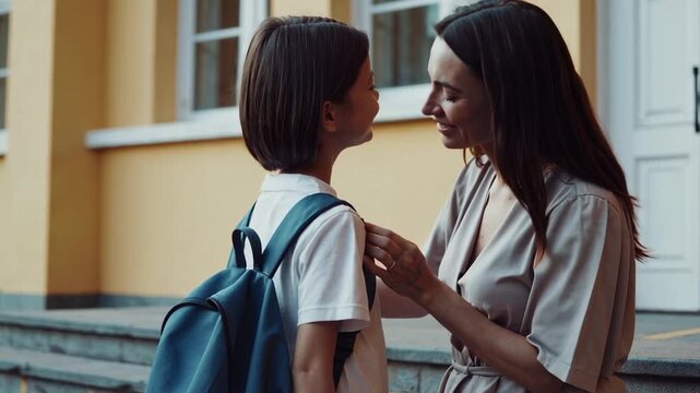 Caring mother carefully adjusting daughter's backpack straps, providing comfort and support during school preparation, representing nurturing parental love before academic journey begins
