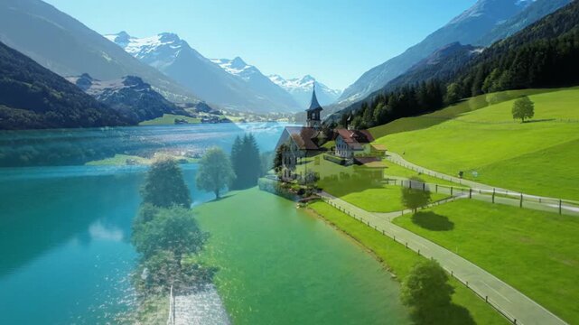 Idyllic alpine landscape featuring a charming historic lakeside house nestled beside vibrant turquoise water and towering snowcapped mountains under a clear sky.
