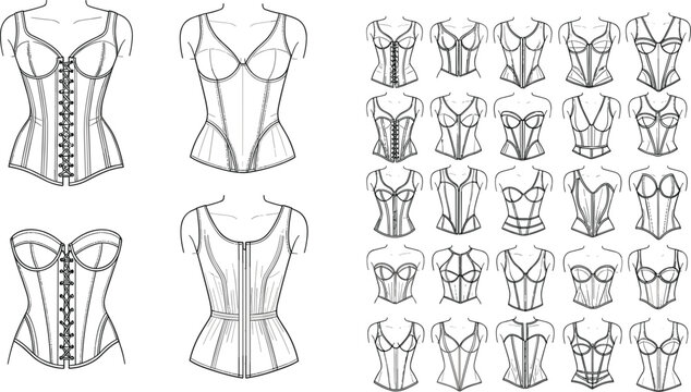 Women corset and bustier technical fashion flat sketch collection featuring various neckline styles, lace up details and lingerie bodice templates for apparel design tech packs.