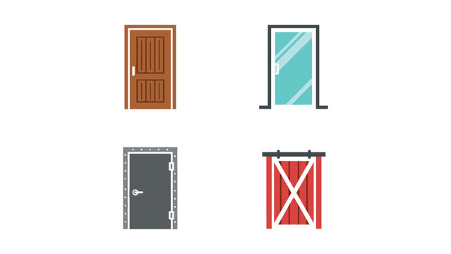 Four types of doors with distinct designs and color schemes displayed side by side