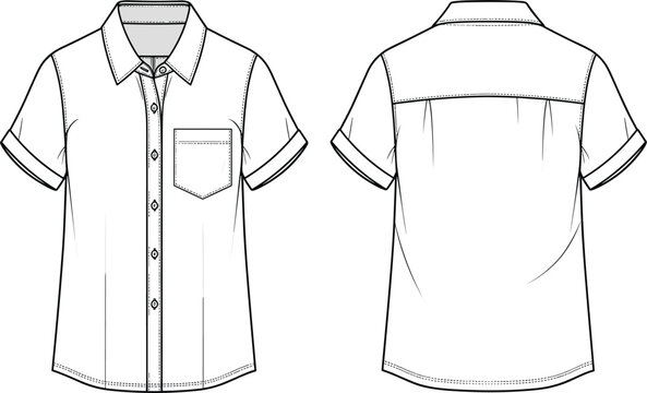 Short sleeve button up shirt technical flat sketch vector illustration showing front and back views with pocket detail for fashion design and apparel manufacturing tech packs.