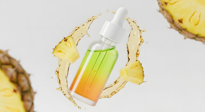 Cosmetic serum bottle with pineapple slices and splashes on transparent background