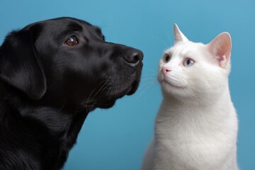 Obraz premium Black labrador and white cat facing each other closeup blue background