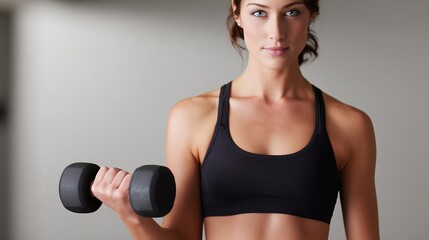 Fototapeta premium Strong woman lifting, Woman engaged in singlearm weight training with focused determination, Feminine strength showcased as woman performs focused dumbbell lift in professional studio