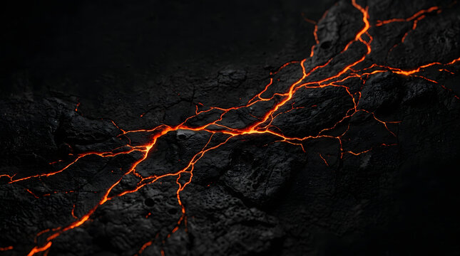 Abstract volcano texture with glowing lava lines on black surface