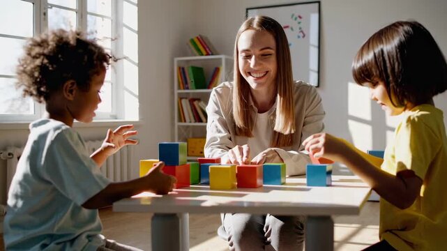 Kindergarten teacher and two young pupils are sitting at a table, playing with colorful building blocks, engaging in educational activities and fostering creativity in a bright classroom setting