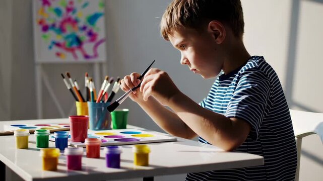 Schoolboy developing artistic skills, painting vibrant tempera colors on white sheet, using multiple brushes while sitting at classroom table during creative lesson