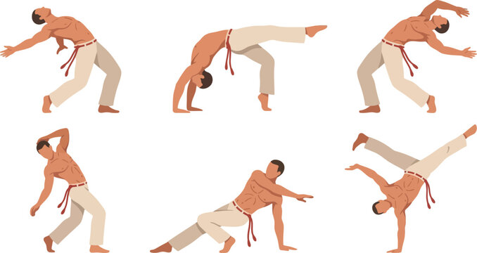 Capoeira Martial Arts Dynamic Poses Collection, Brazilian Acrobat Fighting Vector Set