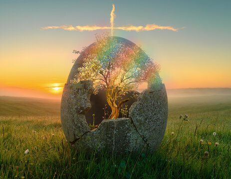 Surreal Easter Egg Stone Cracking with Glowing Tree of Life Inside