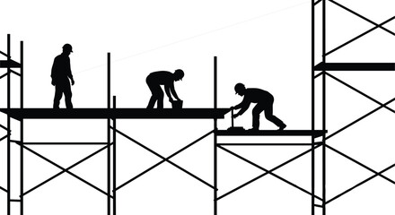 Fototapeta premium Construction workers on scaffolding silhouette, building site labor vector illustration, industrial work scene with teamwork and safety concept, isolated on light background