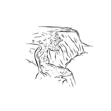 Line drawn cliff illustration, drawn in black line.