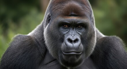 Naklejka premium Majestic silverback gorilla, facing camera, with intense gaze