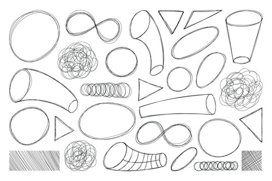 Hand drawn sketch hand drawn elements. Scribble geometric y2k shape symbols. Crayon drawn hatch note speech vector illustrator