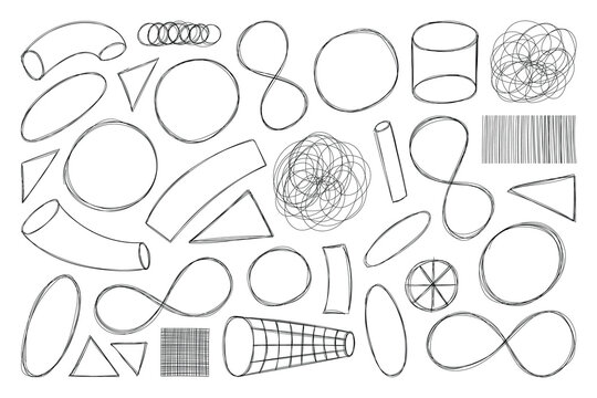 Abstract shape doodle collection. Scribble geometric shape symbols. Hand drawn hatch line art elements. 