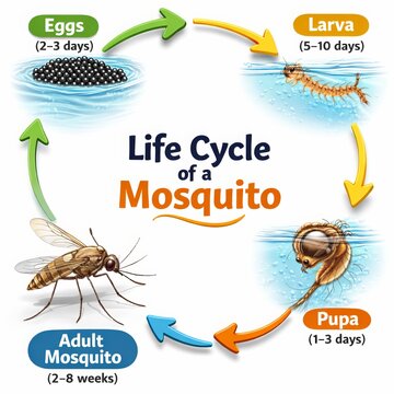 A semi-realistic 3D diagram of mosquito life cycle stages arranged around a circular flow. Included eggs floating on water, larva stage, pupa stage, and adult mosquito with wings extended