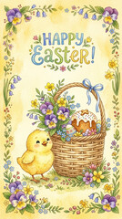 Fototapeta premium Artistic Easter greeting illustration with basket of eggs, flowers and chick