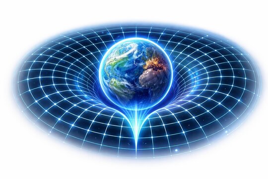 A semi-realistic 3D illustration of a stylized gravitational field visualization around a spherical planet with curved grid lines bending toward the center. With glowing lines and planetary texture