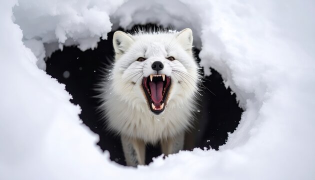 Arctic fox emerging from snow den with mouth open.