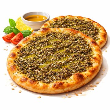 A semi-realistic 3D scene of Lebanese manakish flatbread topped with zaatar herbs and olive oil drizzle. With crispy bread texture, herb mixture detail, and subtle oil sheen