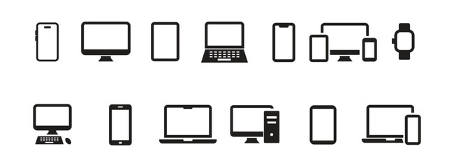 Set of black and white paper clip icon set for computer and mobile devices including phone laptop tablet and screen technology symbols, vector illustration. © Emon Stock