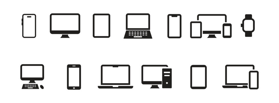 Set of black and white paper clip icon set for computer and mobile devices including phone laptop tablet and screen technology symbols, vector illustration.