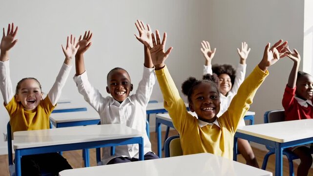 Happy pupils raising their hands in a classroom, eager to participate and answer questions during a lesson, showcasing the joy of learning and engagement in education