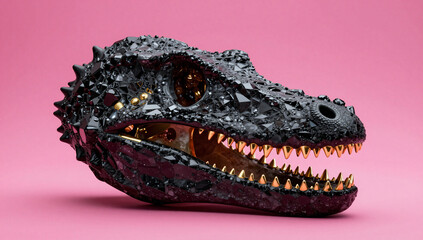 Fototapeta premium Onyx and Gold Spinosaurus Skull with Pink Gradient Contrast