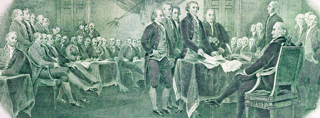 2 dollar United States details of the reverse side featuring the Declaration of Independence. Paper money of the United States of America. © Sergii